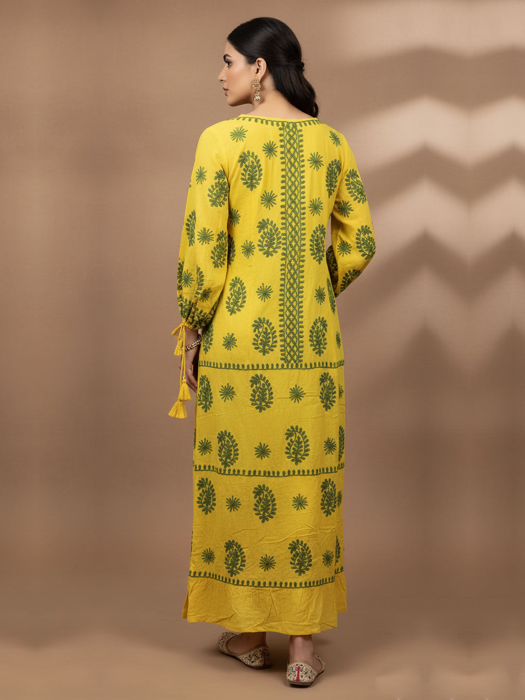 Hand Embroidered Chikankari Rayon Jalabiya-AL4048 Yellow