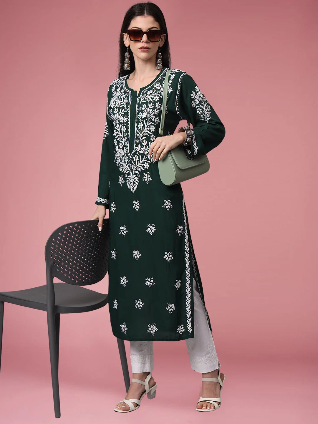 Women Hand Embroidered Modal Chikankari Kurta-AL4059 Darkgreen