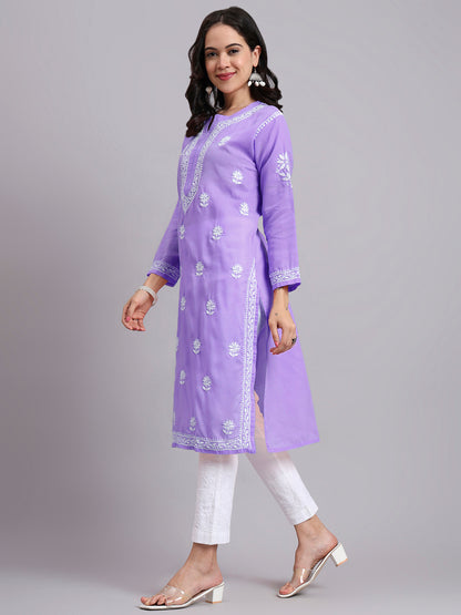 Women Hand Embroidered Chikankari Cotton Kurta-AL3999 Mauve