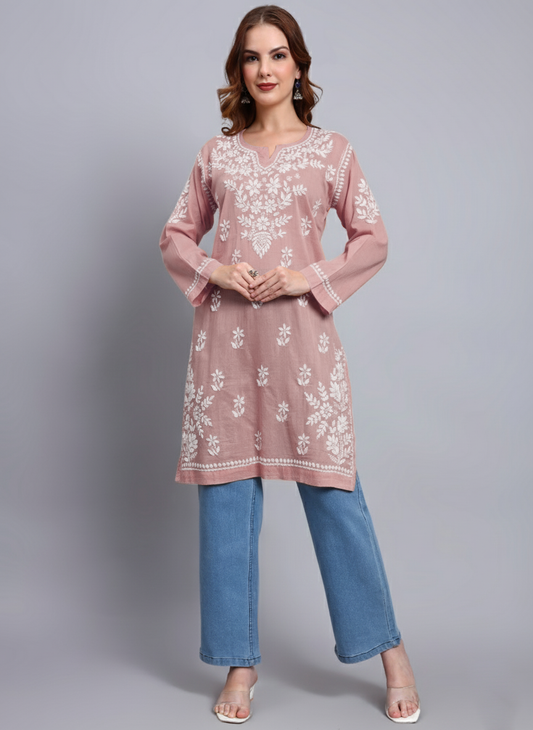 Women Hand Embroidered Chikankari Cotton Kurti -AL3685 Rust