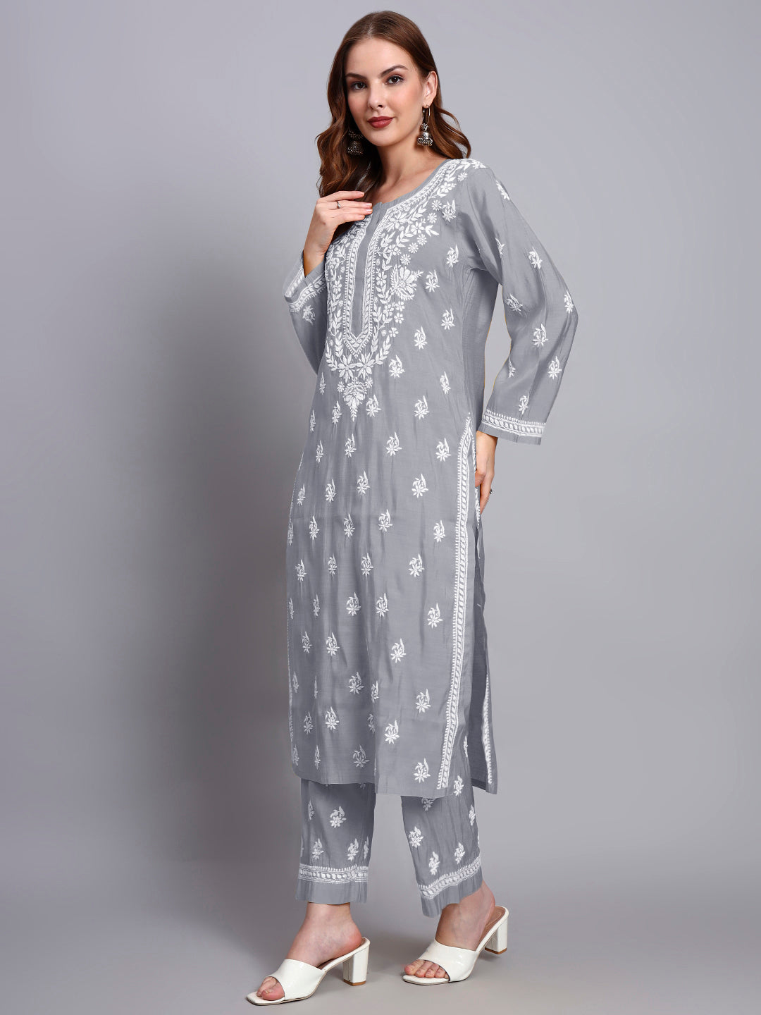 Women Hand Embroidered Chikankari Chanderi Kurta Set-AL4089KS Grey