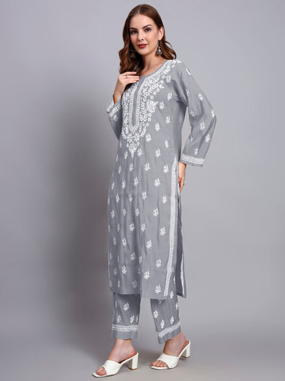 Women Hand Embroidered Chikankari Chanderi Kurta Set-AL4089KS Grey
