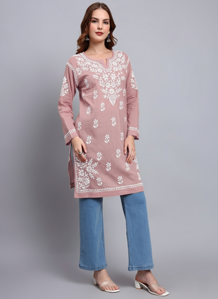 Women Hand Embroidered Chikankari Cotton Kurti -AL3685 Rust