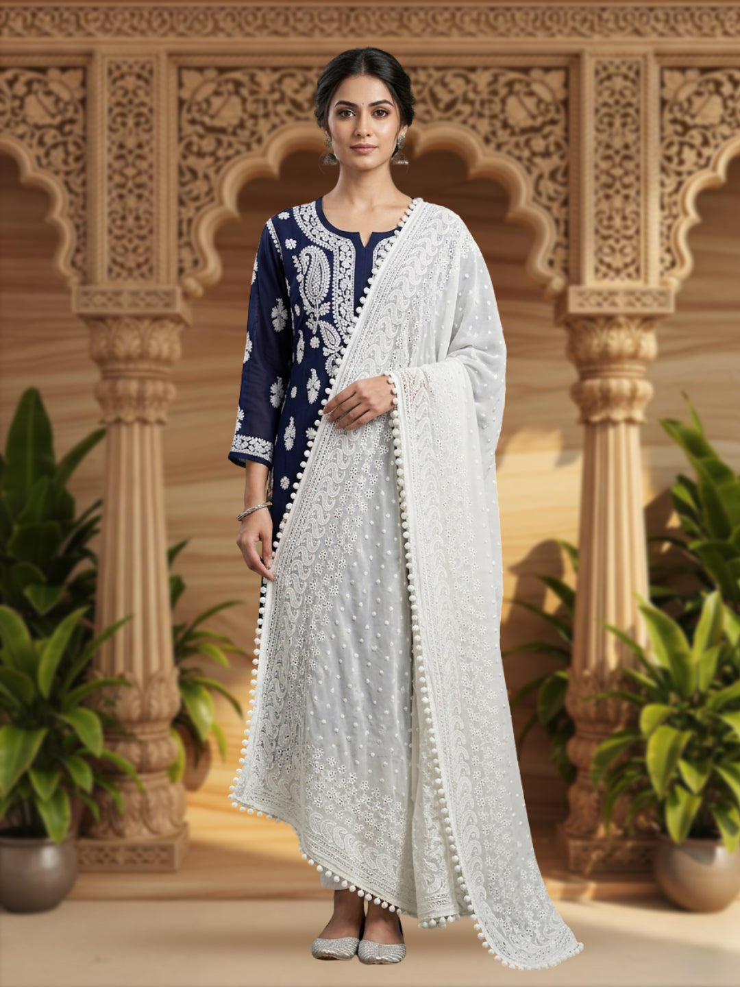 Women Embroidered Georgette Dupatta -AL3721 White