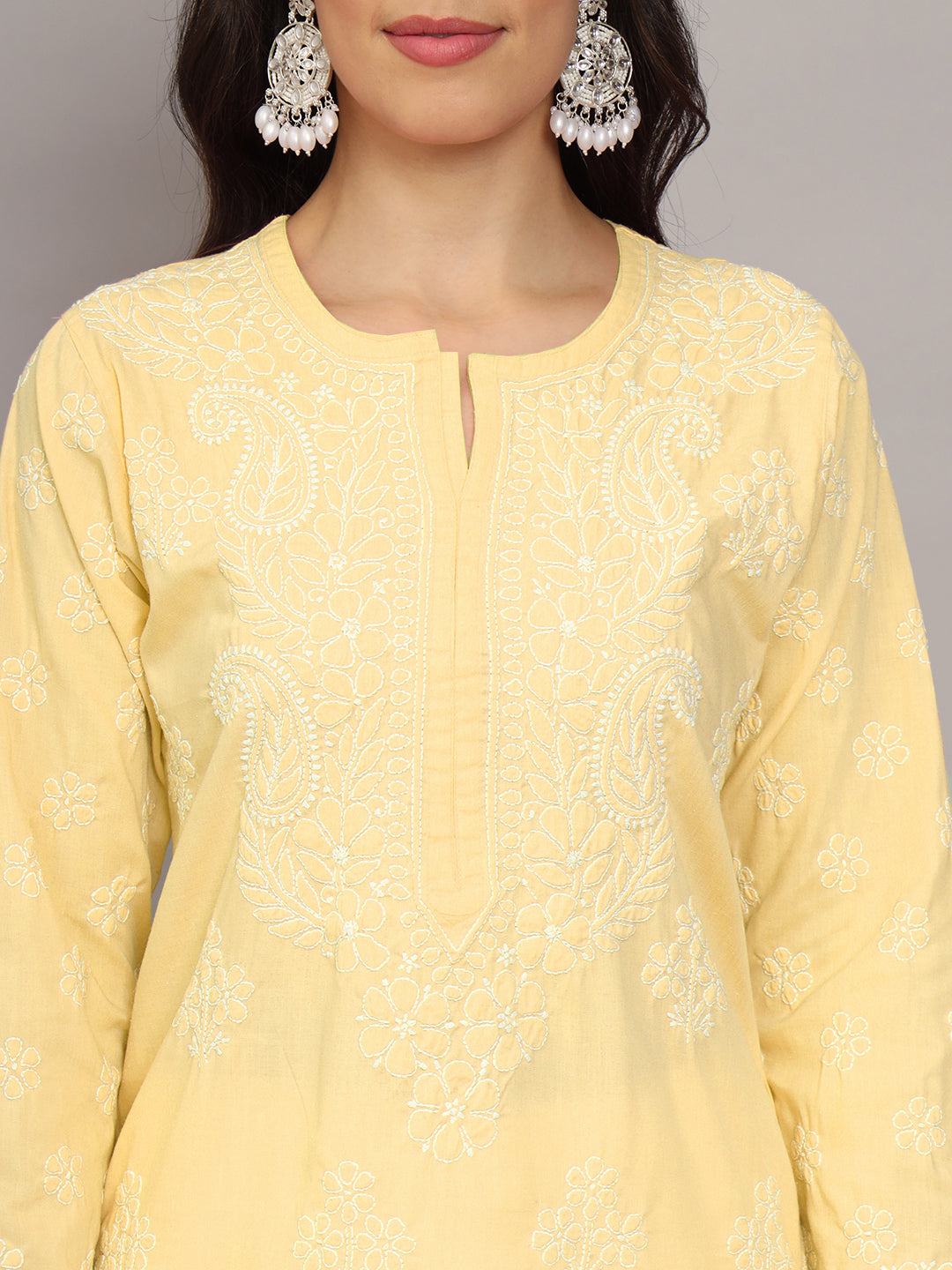 Women Hand Embroidered Chikankari Cotton Kurta-AL4043 Yellow