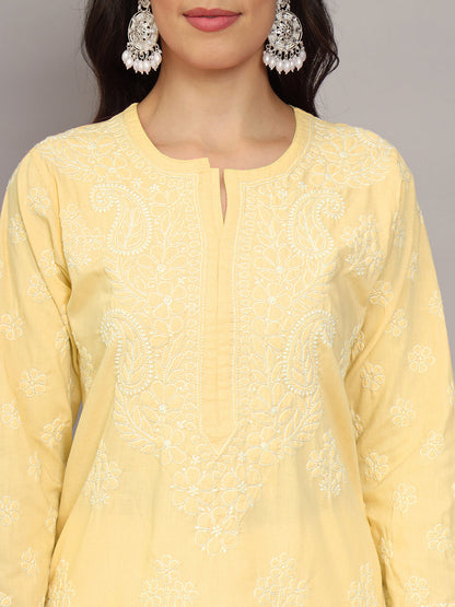 Women Hand Embroidered Chikankari Cotton Kurta-AL4043 Yellow