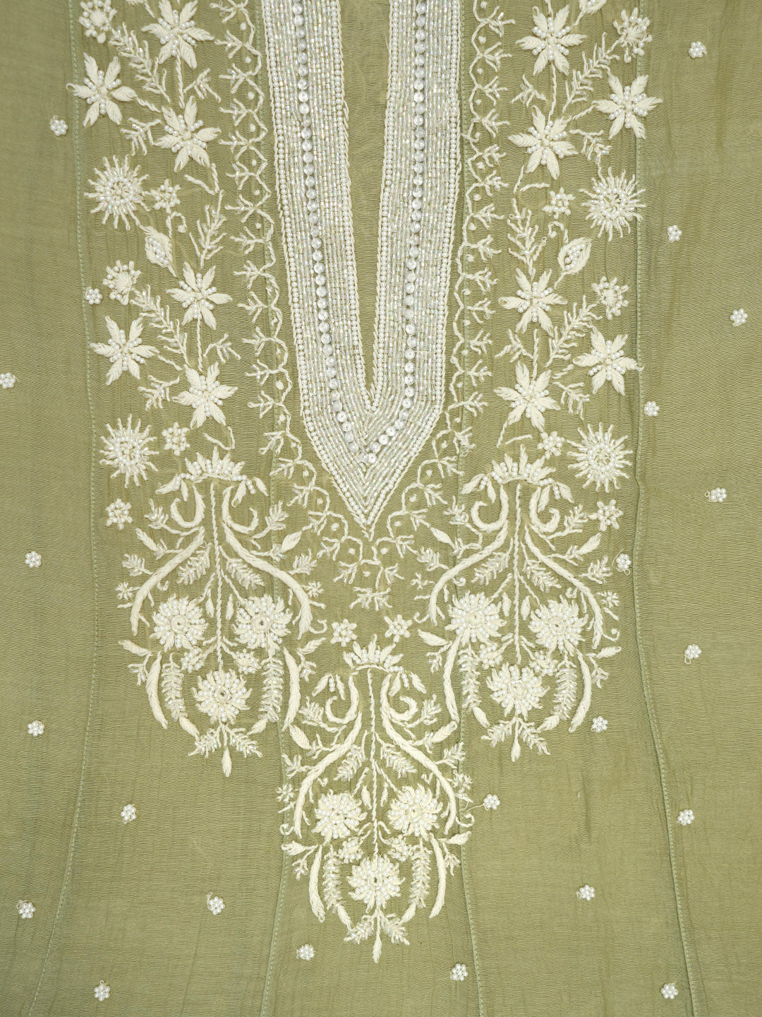 Women Hand Embroidered Premium Chikankari Mul Chanderi Unstitched Kurta Dupatta Bottom Set-ALSCA85201FS Green