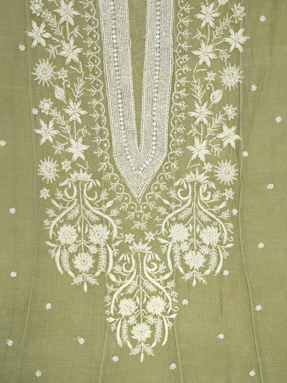 Women Hand Embroidered Premium Chikankari Mul Chanderi Unstitched Kurta Dupatta Bottom Set-ALSCA85201FS Green