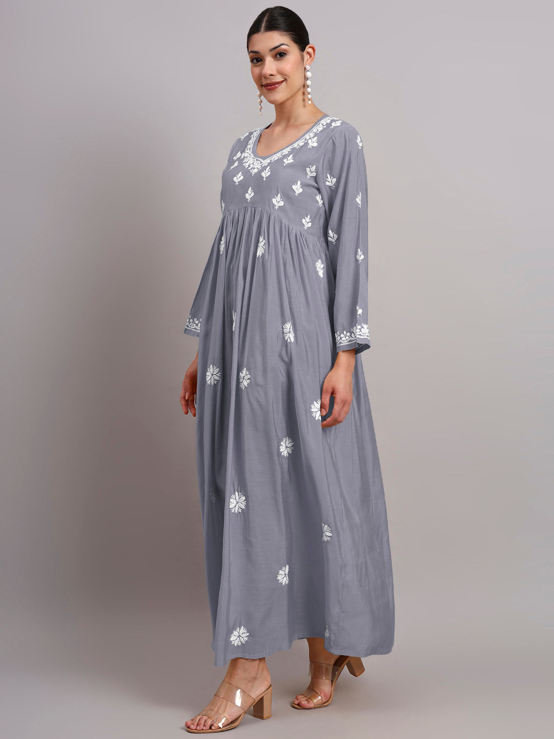Hand Embroidered Chikankari Chanderi Jalabiya-AL4087 Grey