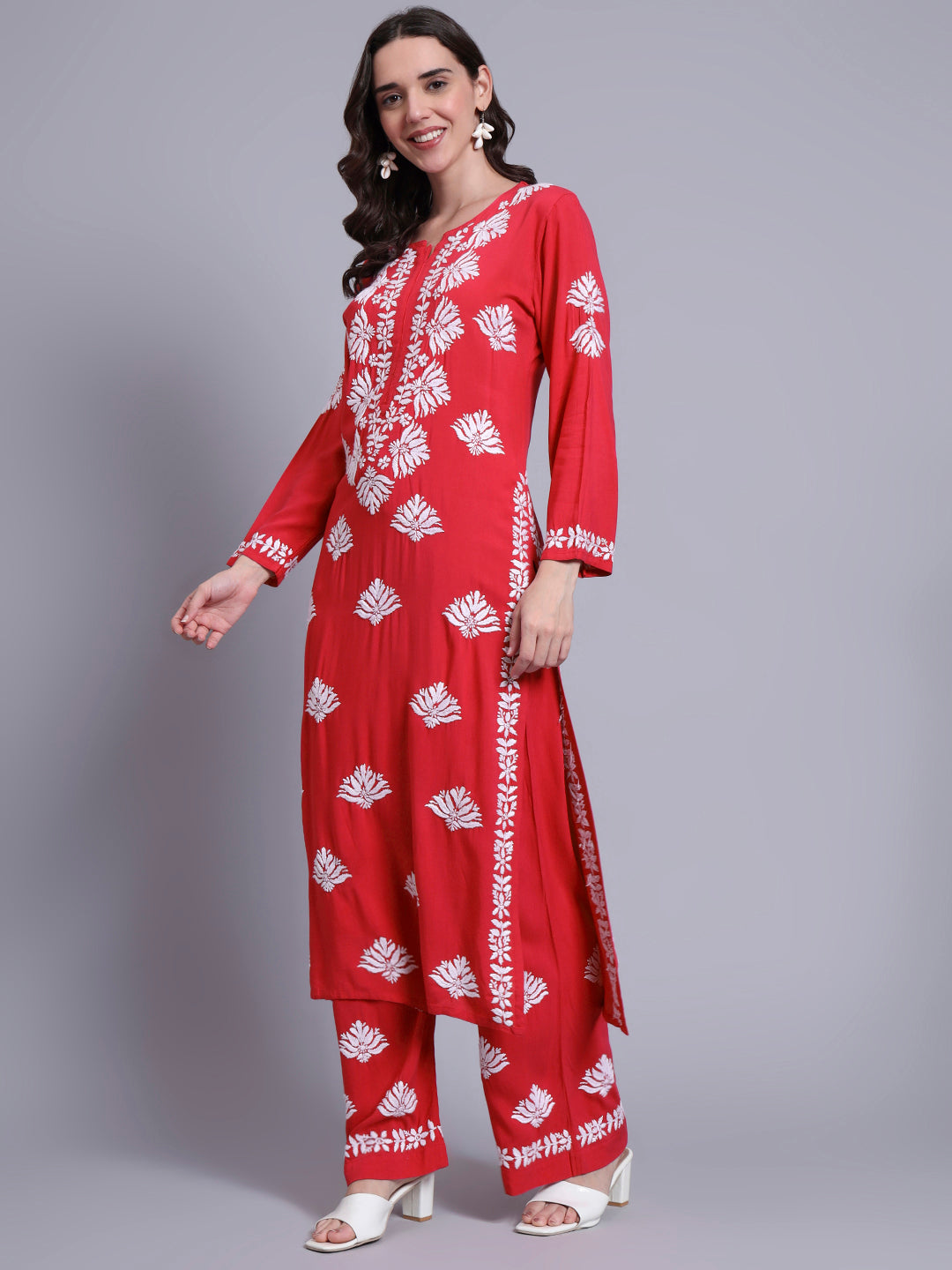 Women Hand Embroidered Chikankari Rayon Kurta Set-AL4084KS Red