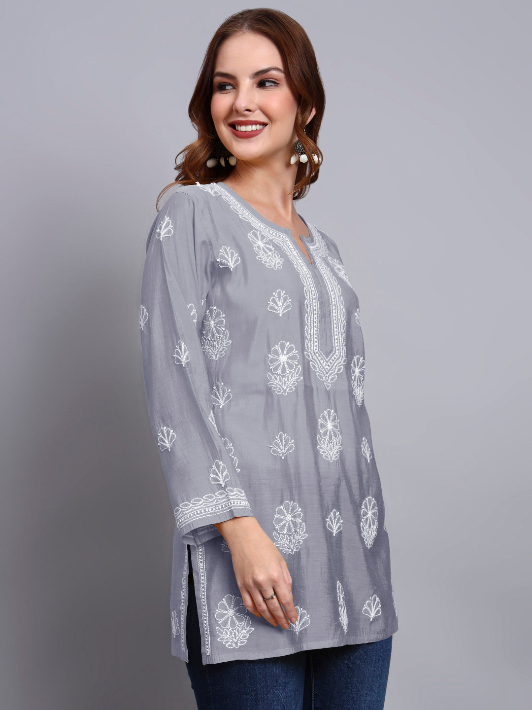 Women Hand Embroidered Chikankari Chanderi Short Kurti-AL4090 Grey