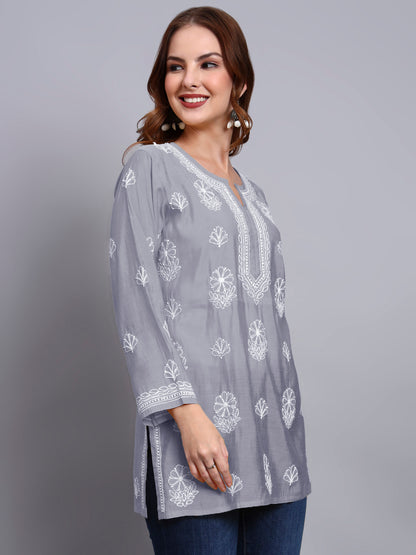 Women Hand Embroidered Chikankari Chanderi Short Kurti-AL4090 Grey