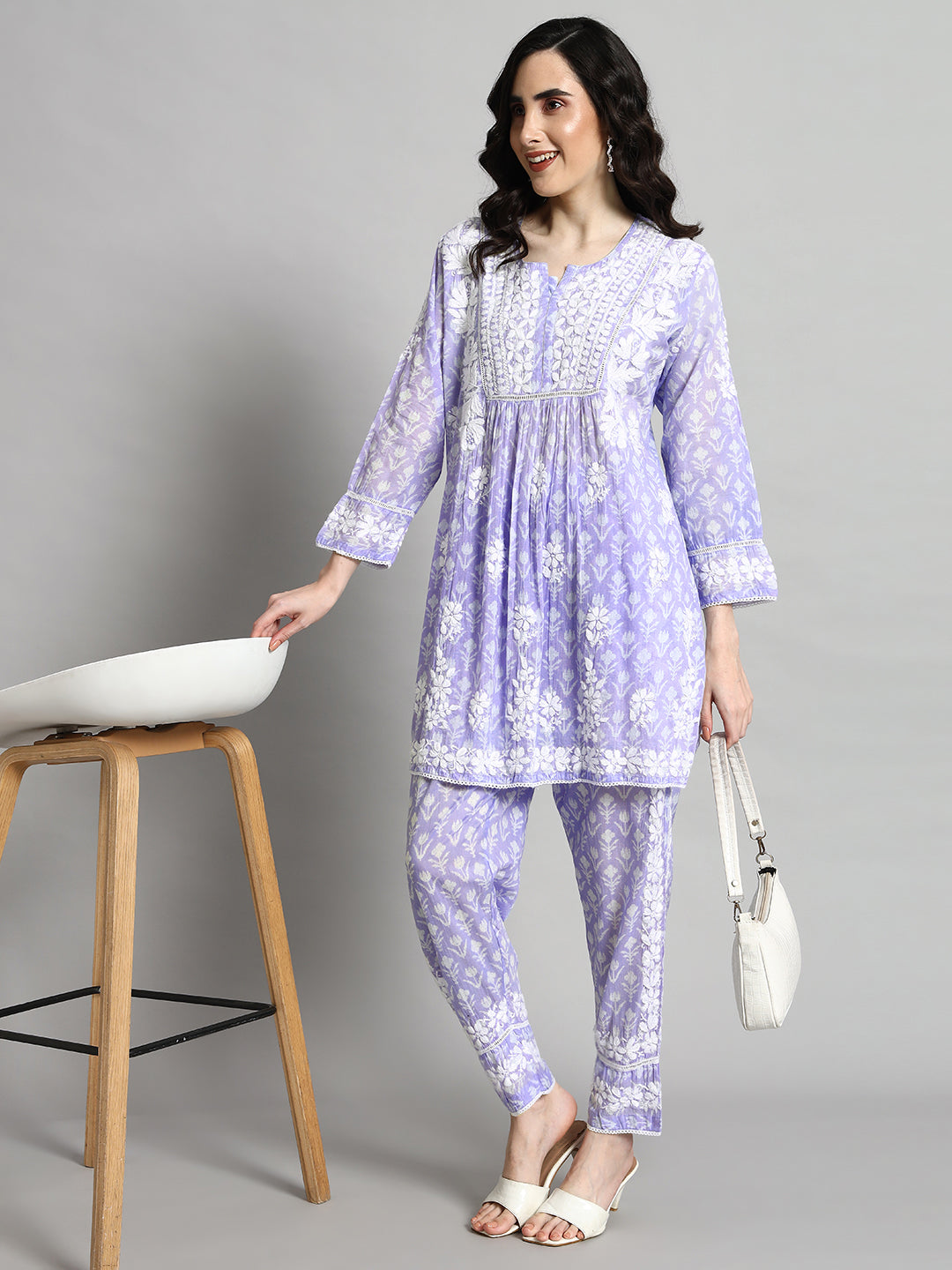 Printed Mulmul Co-Ord Set for Women-AL4055 Mauve