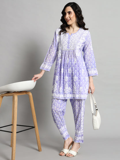 Printed Mulmul Co-Ord Set for Women-AL4055 Mauve