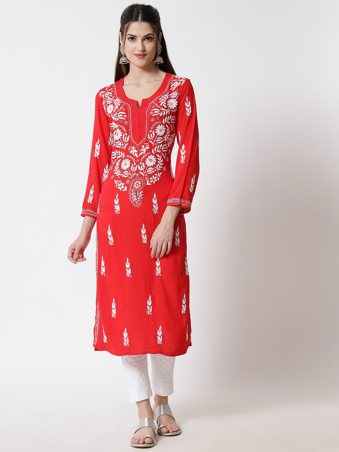 Hand Embroidered Chikankari Rayon Straight Kurta-AL3451 White