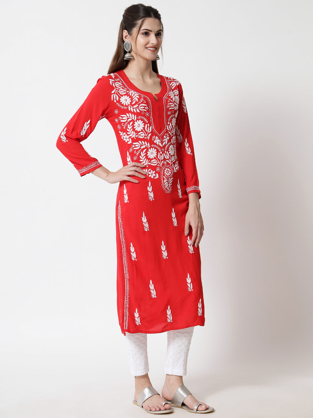 Hand Embroidered Chikankari Rayon Straight Kurta-AL3451 White