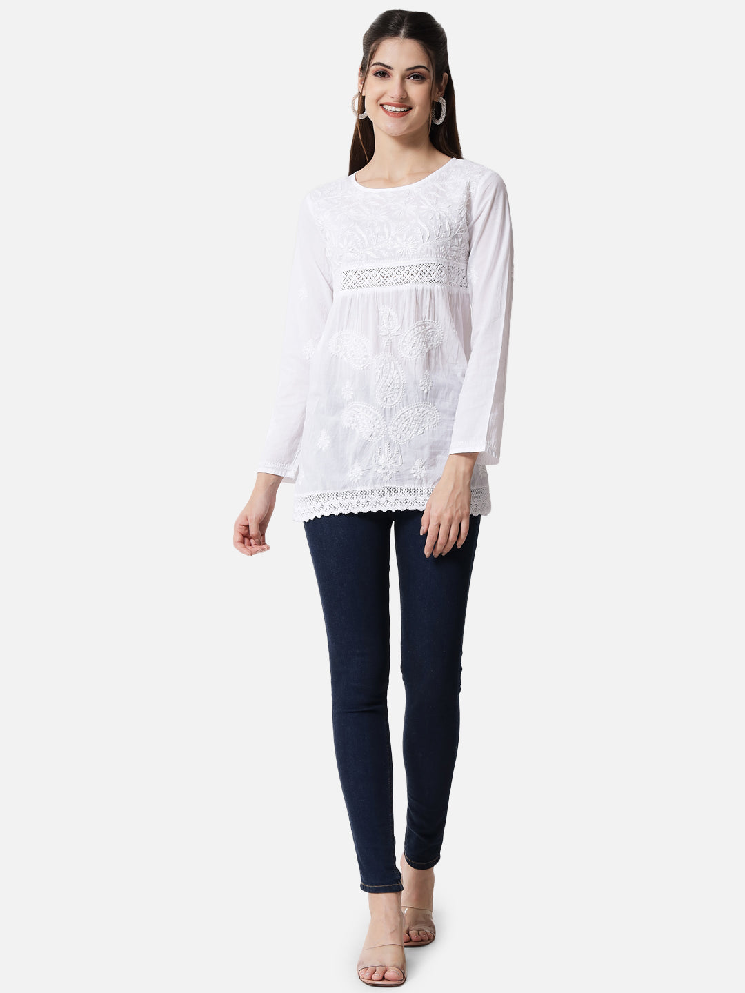 Hand Embroidered Chikankari Cotton Straight Short Kurti With Qureshia Lace-AL3347