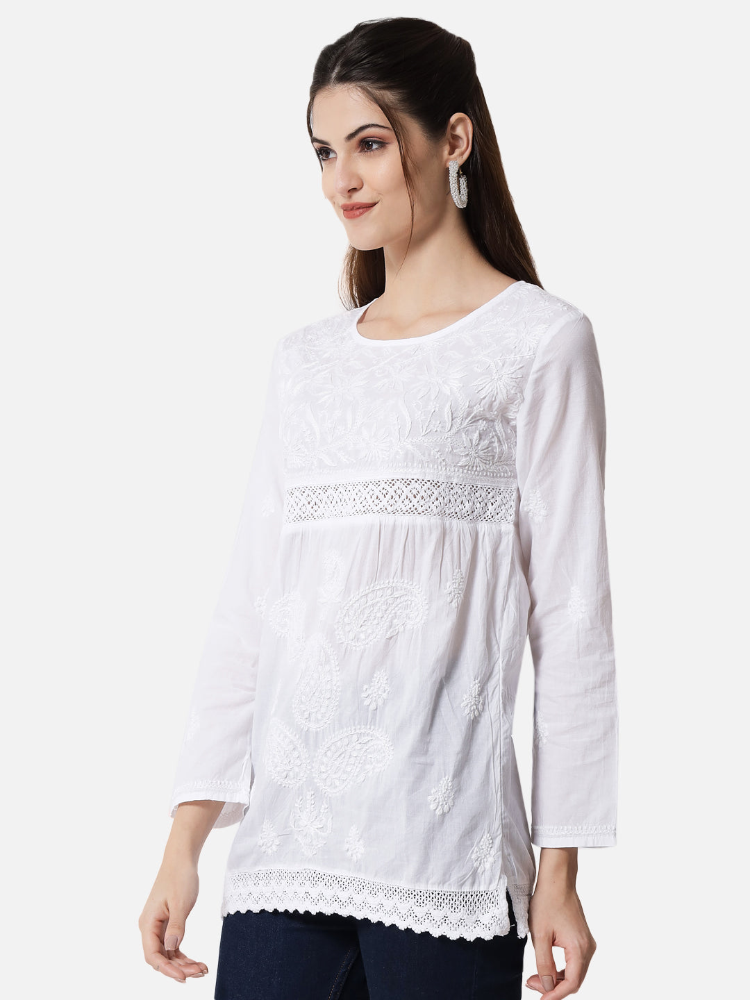Hand Embroidered Chikankari Cotton Straight Short Kurti With Qureshia Lace-AL3347
