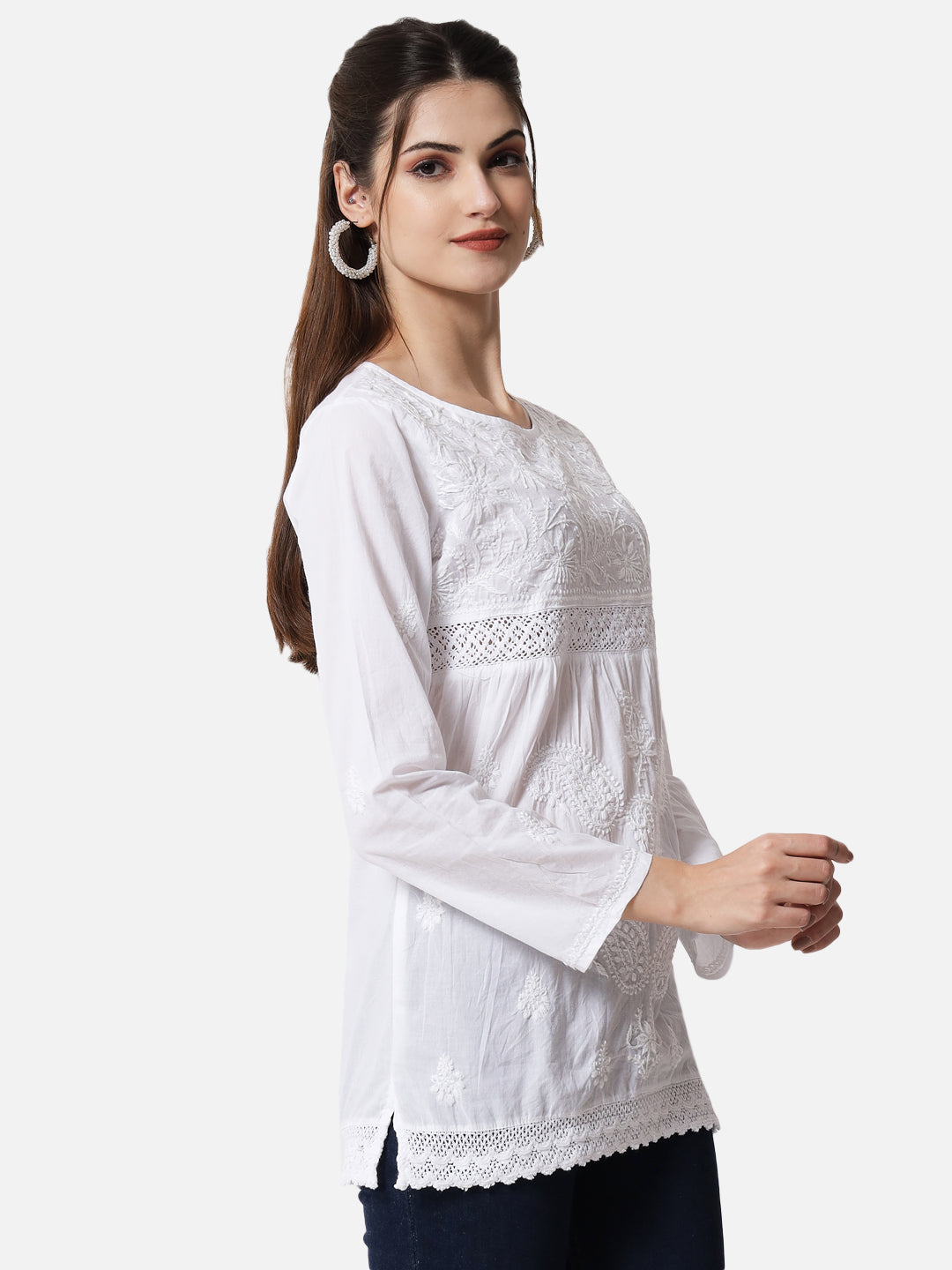 Hand Embroidered Chikankari Cotton Straight Short Kurti With Qureshia Lace-AL3347