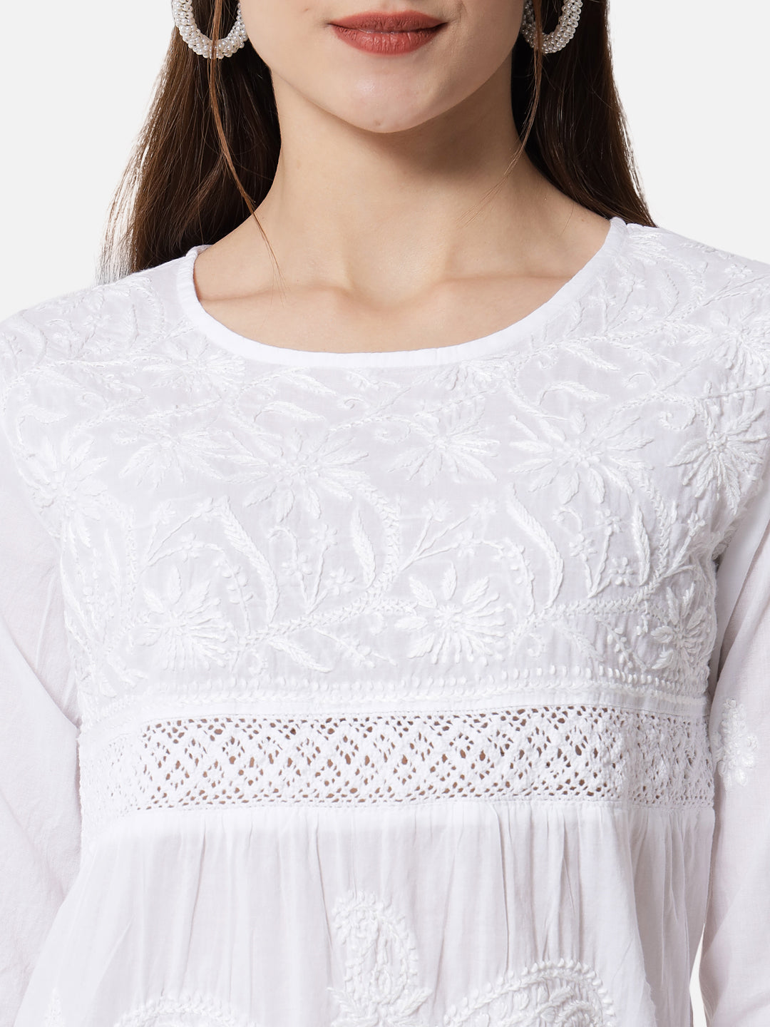 Hand Embroidered Chikankari Cotton Straight Short Kurti With Qureshia Lace-AL3347