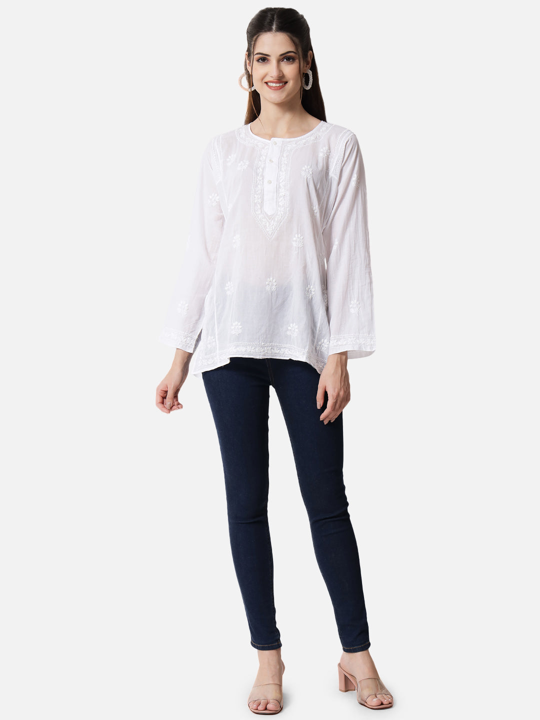 White Hand Embroidered Chikankari  Cotton Chikankari Sustainable Kurti-AL1770