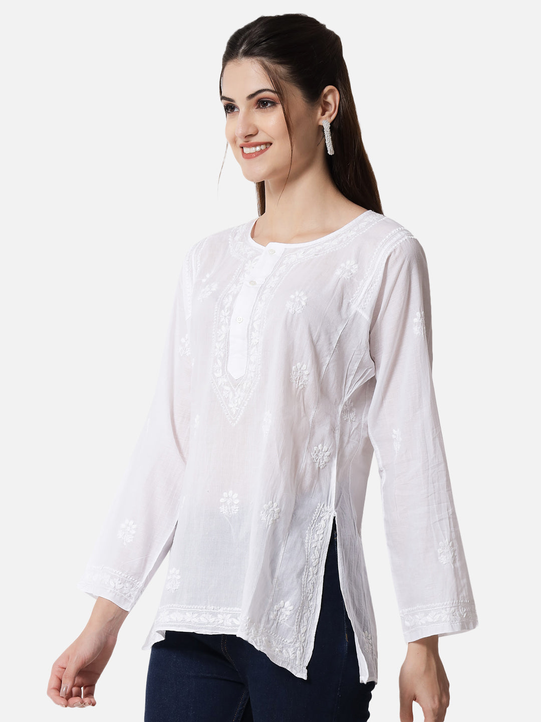 White Hand Embroidered Chikankari  Cotton Chikankari Sustainable Kurti-AL1770
