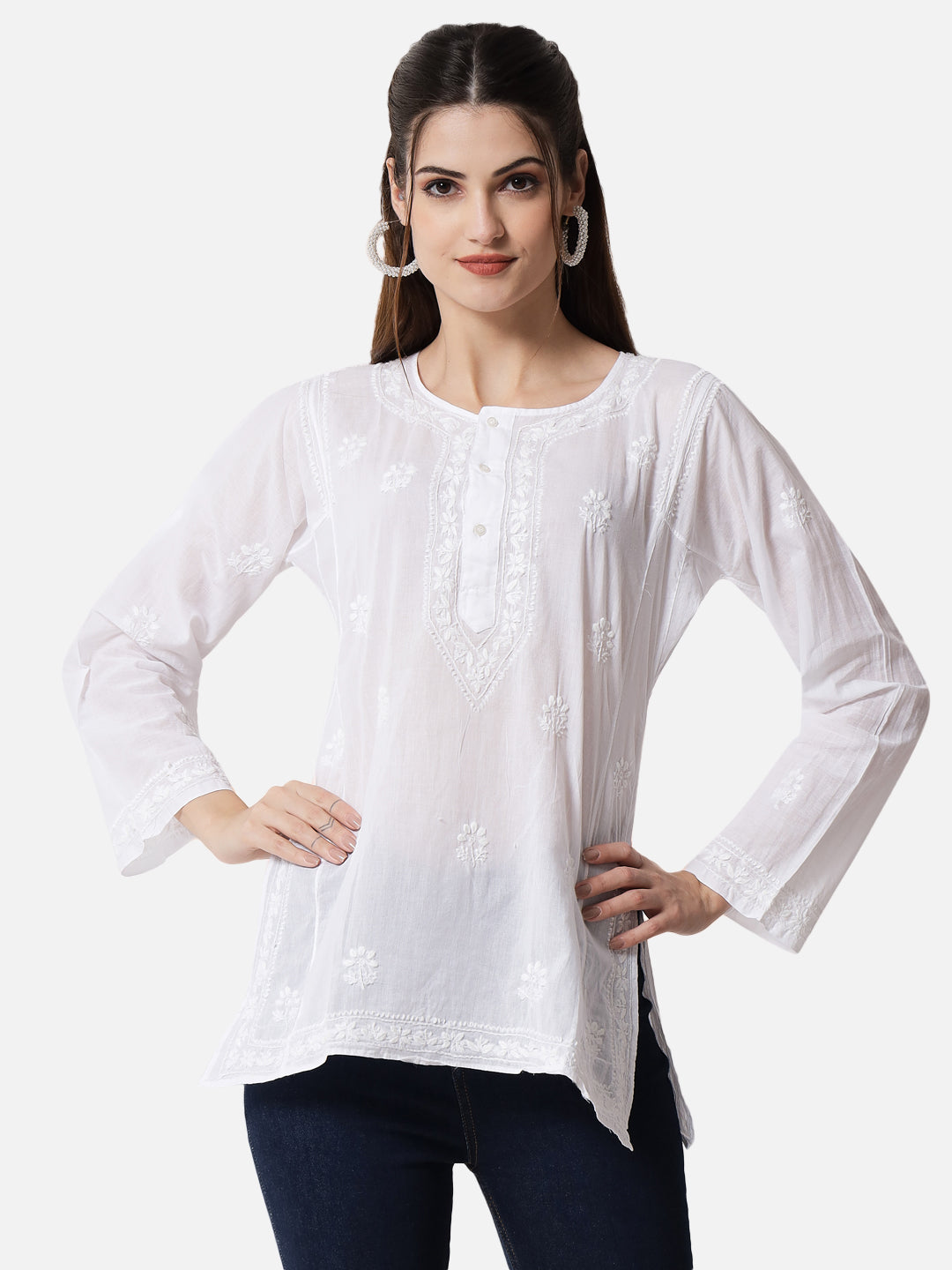 White Hand Embroidered Chikankari  Cotton Chikankari Sustainable Kurti-AL1770