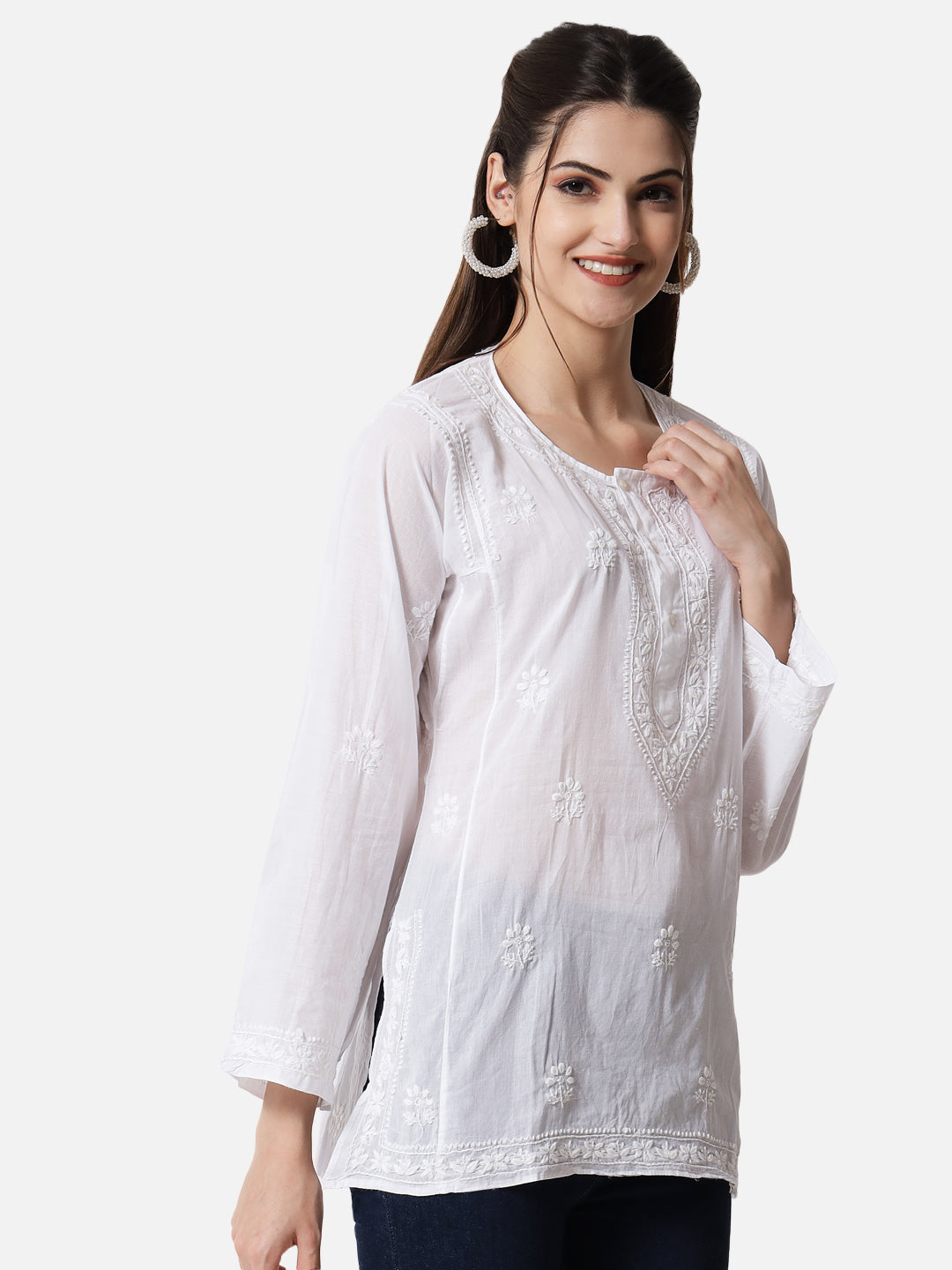 White Hand Embroidered Chikankari  Cotton Chikankari Sustainable Kurti-AL1770