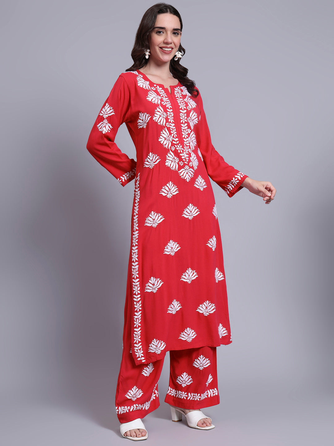 Women Hand Embroidered Chikankari Rayon Kurta Set-AL4084KS Red