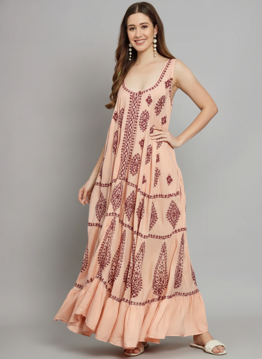 Hand Embroidered Chikankari Modal Kaftan-AL3605C