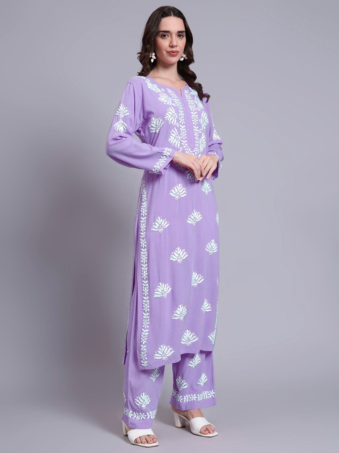 Women Hand Embroidered Chikankari Rayon Kurta Set-AL4084KS Mauve