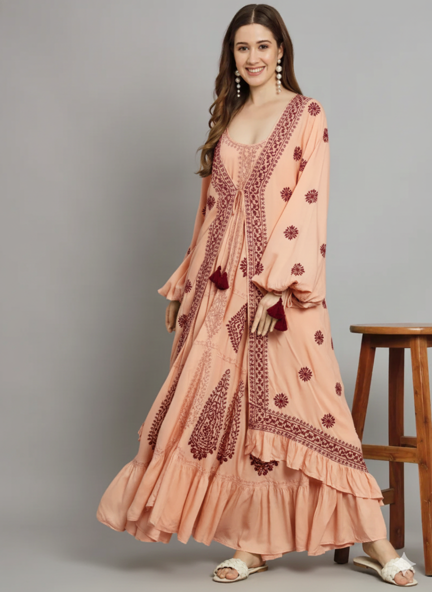 Hand Embroidered Chikankari Modal Kaftan-AL3605C