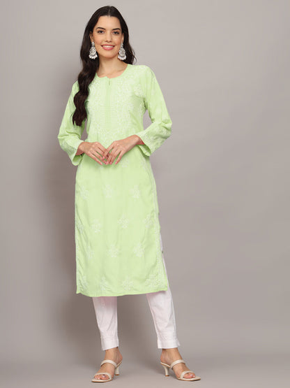 Women Hand Embroidered Chikankari Cotton Kurta-AL4043 Green