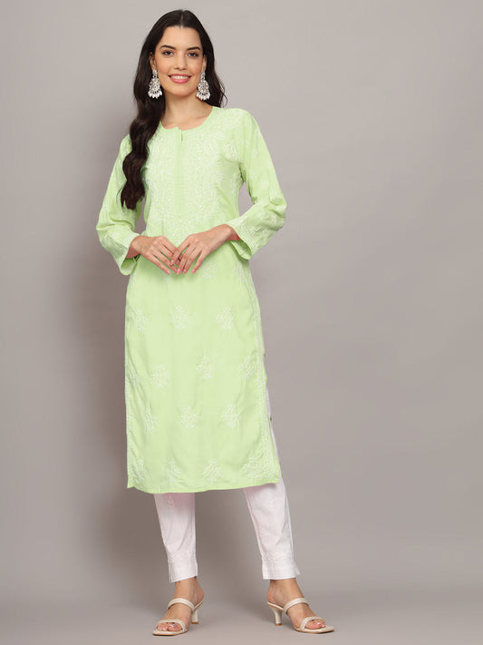 Women Hand Embroidered Chikankari Cotton Kurta-AL4043 Green