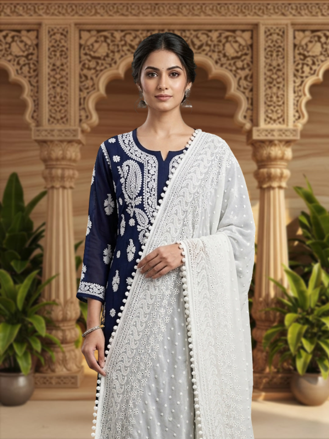 Women Embroidered Georgette Dupatta -AL3721 White