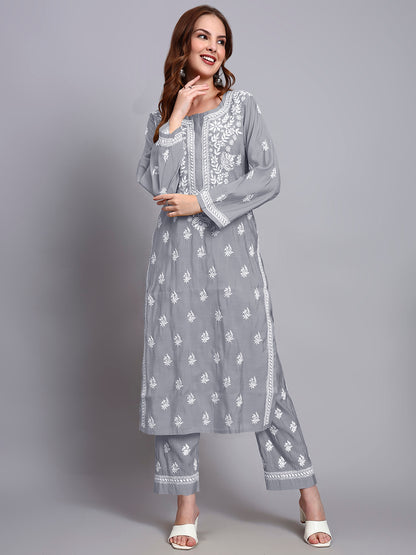 Women Hand Embroidered Chikankari Chanderi Kurta Set-AL4089KS Grey