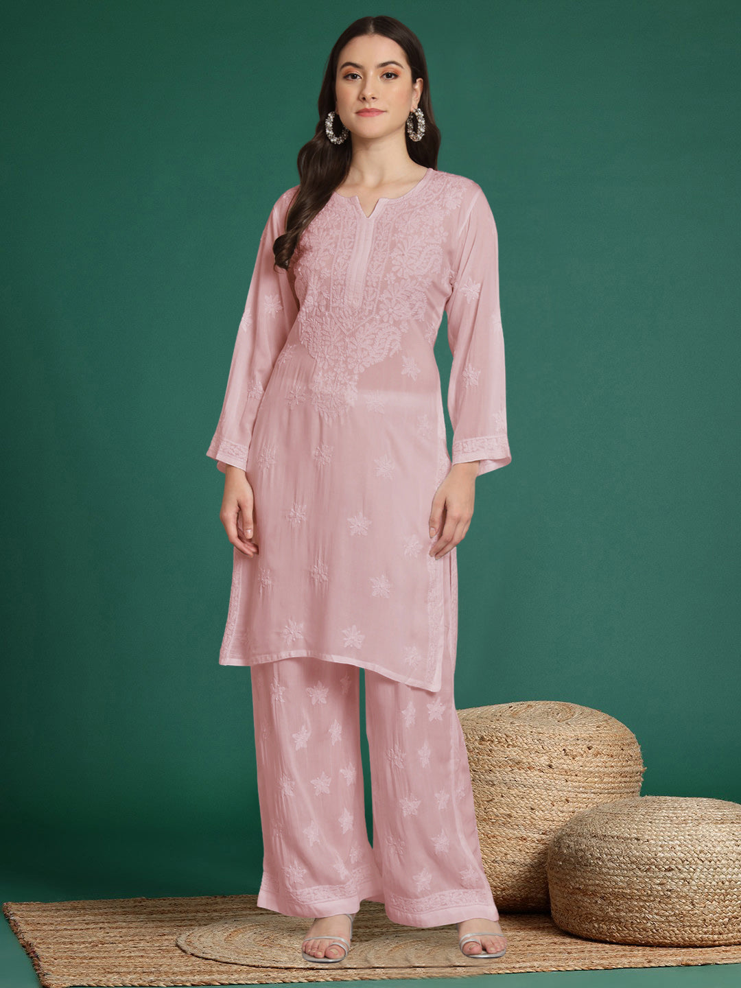 Hand Embroidered Chikankari Modal Kurta with Palazzo- AL3662KS