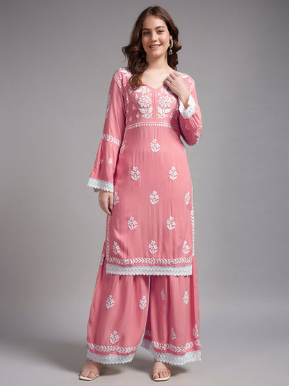 Women Hand Embroidered Lucknowi Chikankari Rayon Kurta Set-AL4077KS Rust