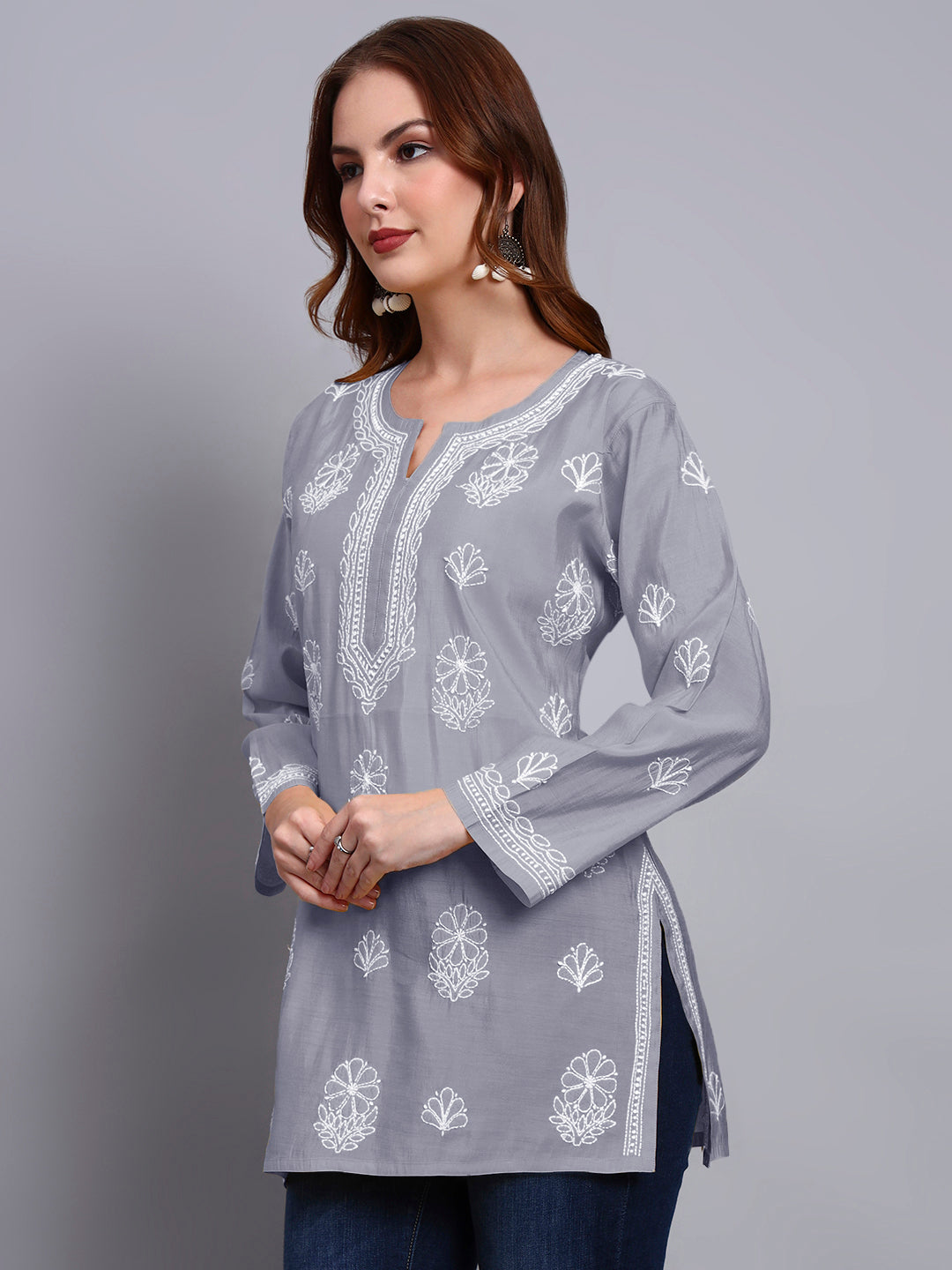 Women Hand Embroidered Chikankari Chanderi Short Kurti-AL4090 Grey