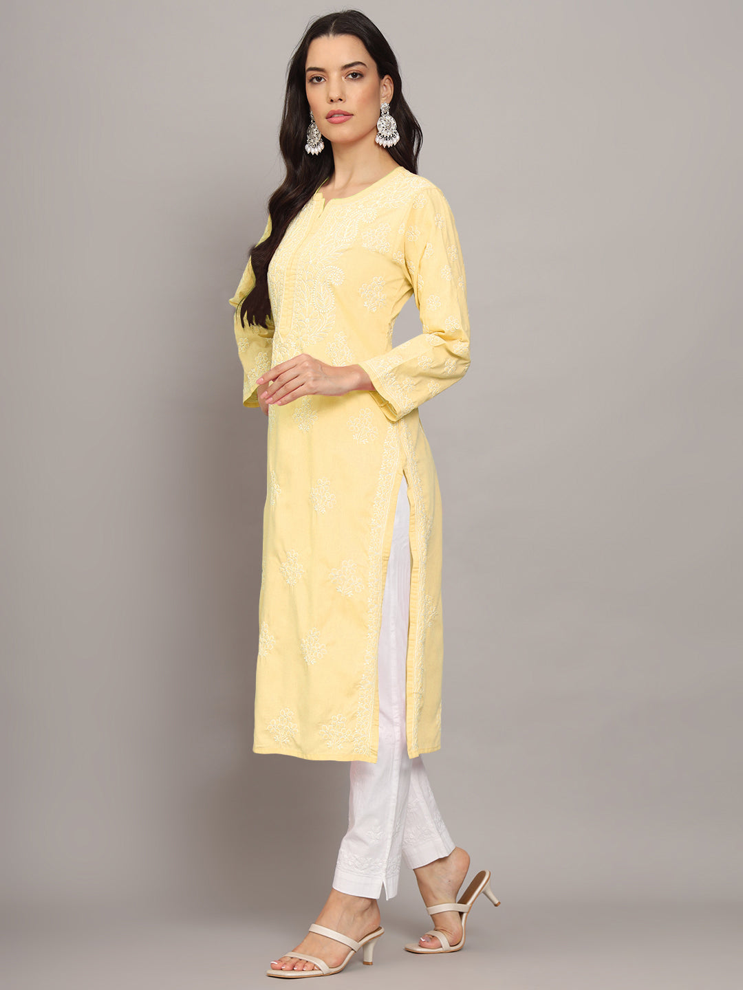 Women Hand Embroidered Chikankari Cotton Kurta-AL4043 Yellow