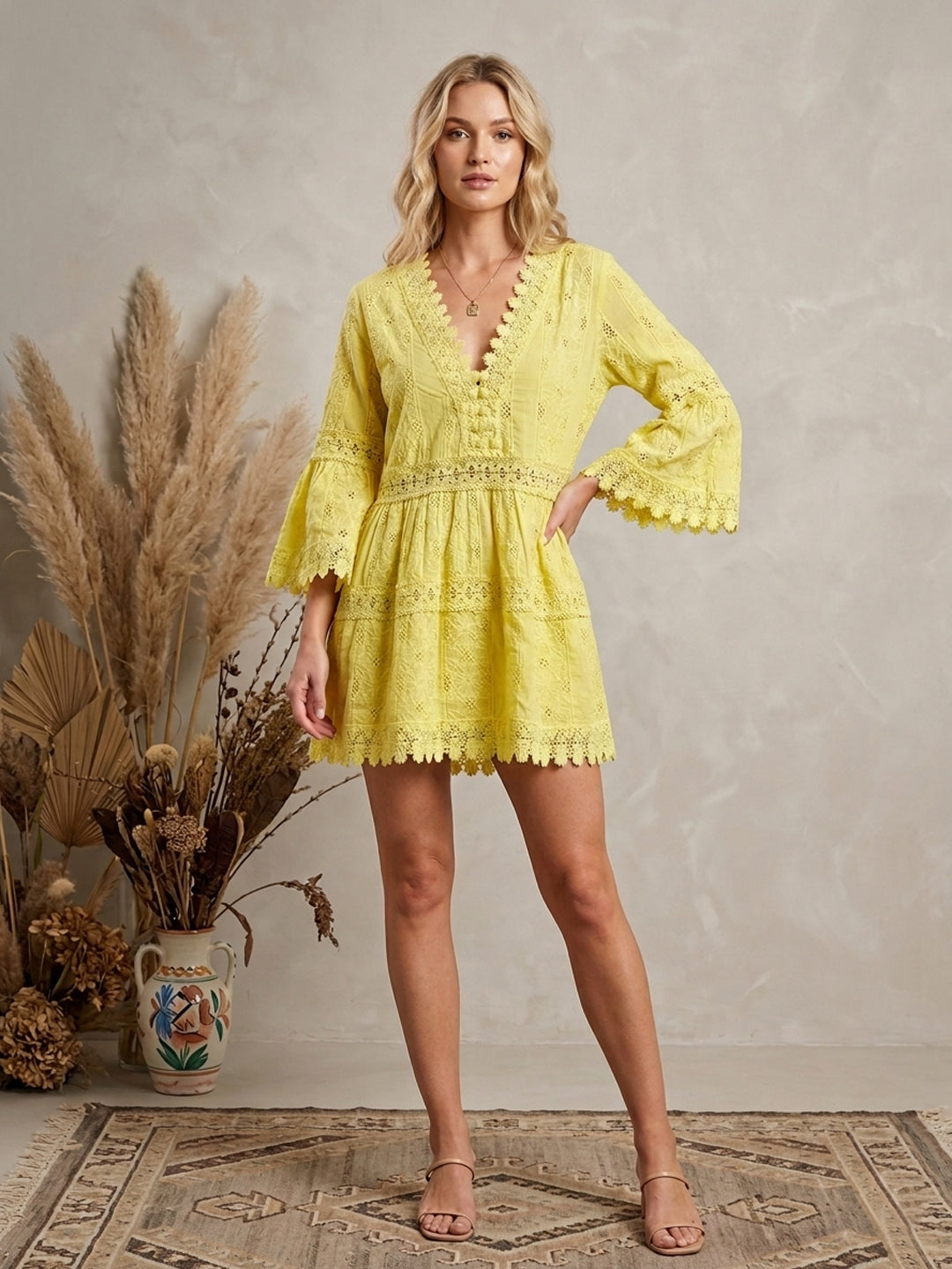 Women Embroidered  Scalloped Lace Trim Cotton Midi Dress -AL3703 Yellow