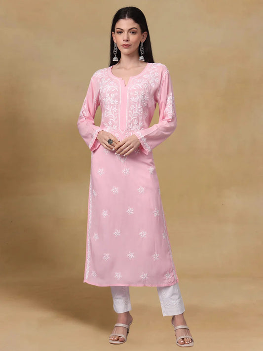 Women Hand Embroidered Chikankari Modal Kurta-AL4059 Pink