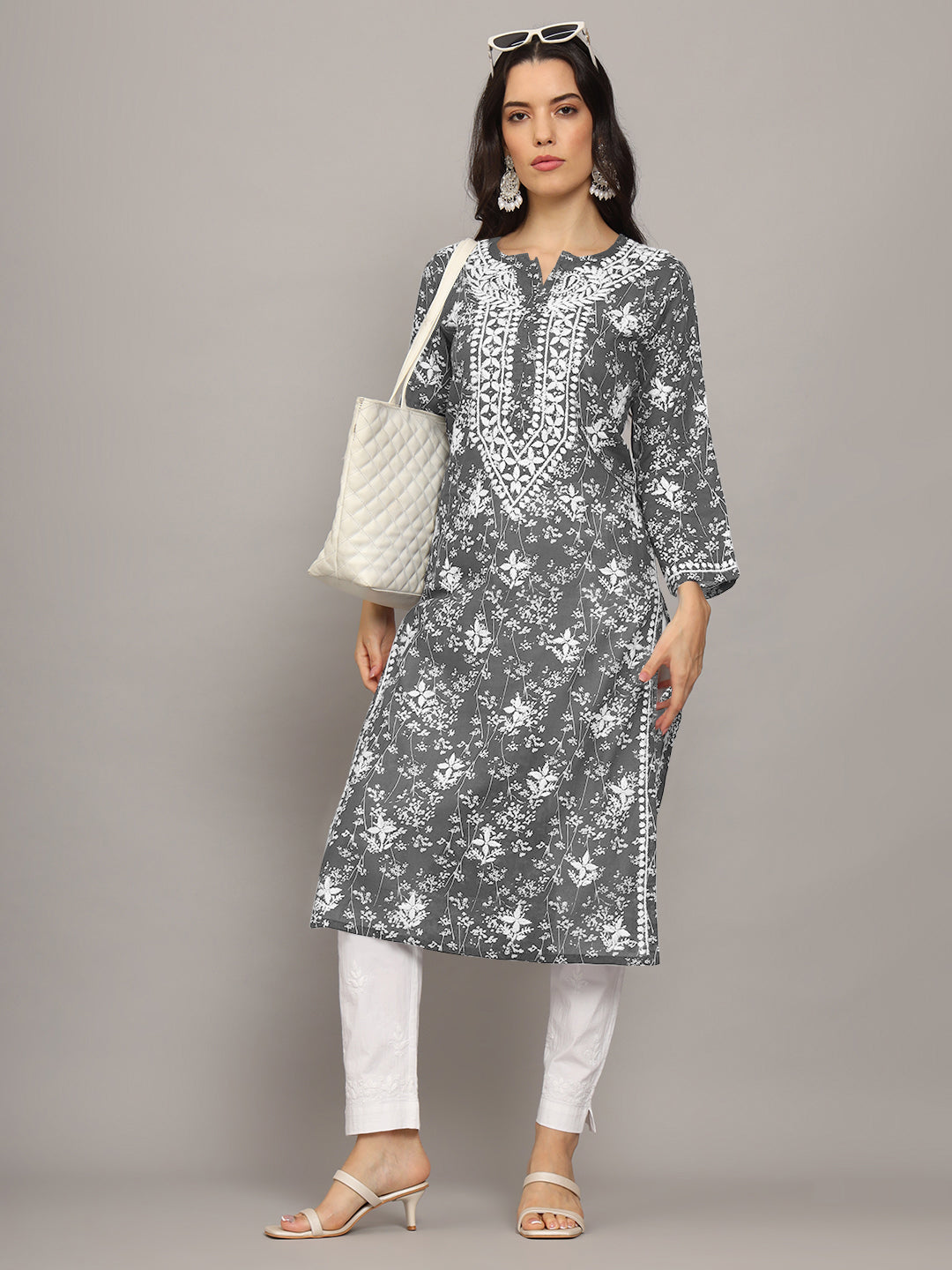 Women Hand Embroidered Chikankari Mulmul Cotton Printed Kurta-AL4041 Grey