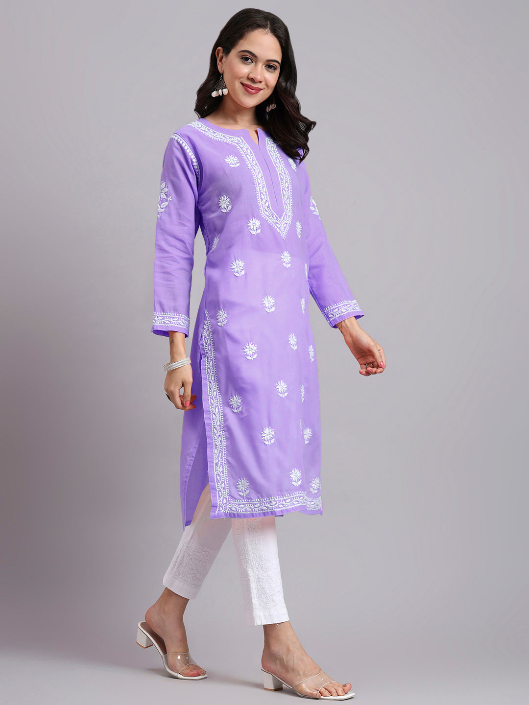 Women Hand Embroidered Chikankari Cotton Kurta-AL3999 Mauve