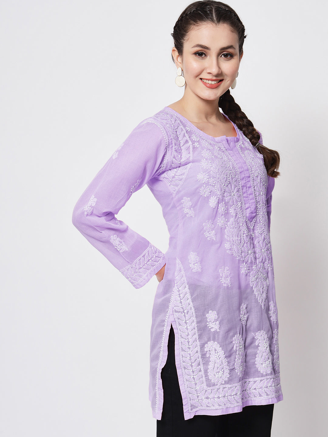 Hand Embroidered Chikankari Cotton Straight Kurti-AL3595 Purple