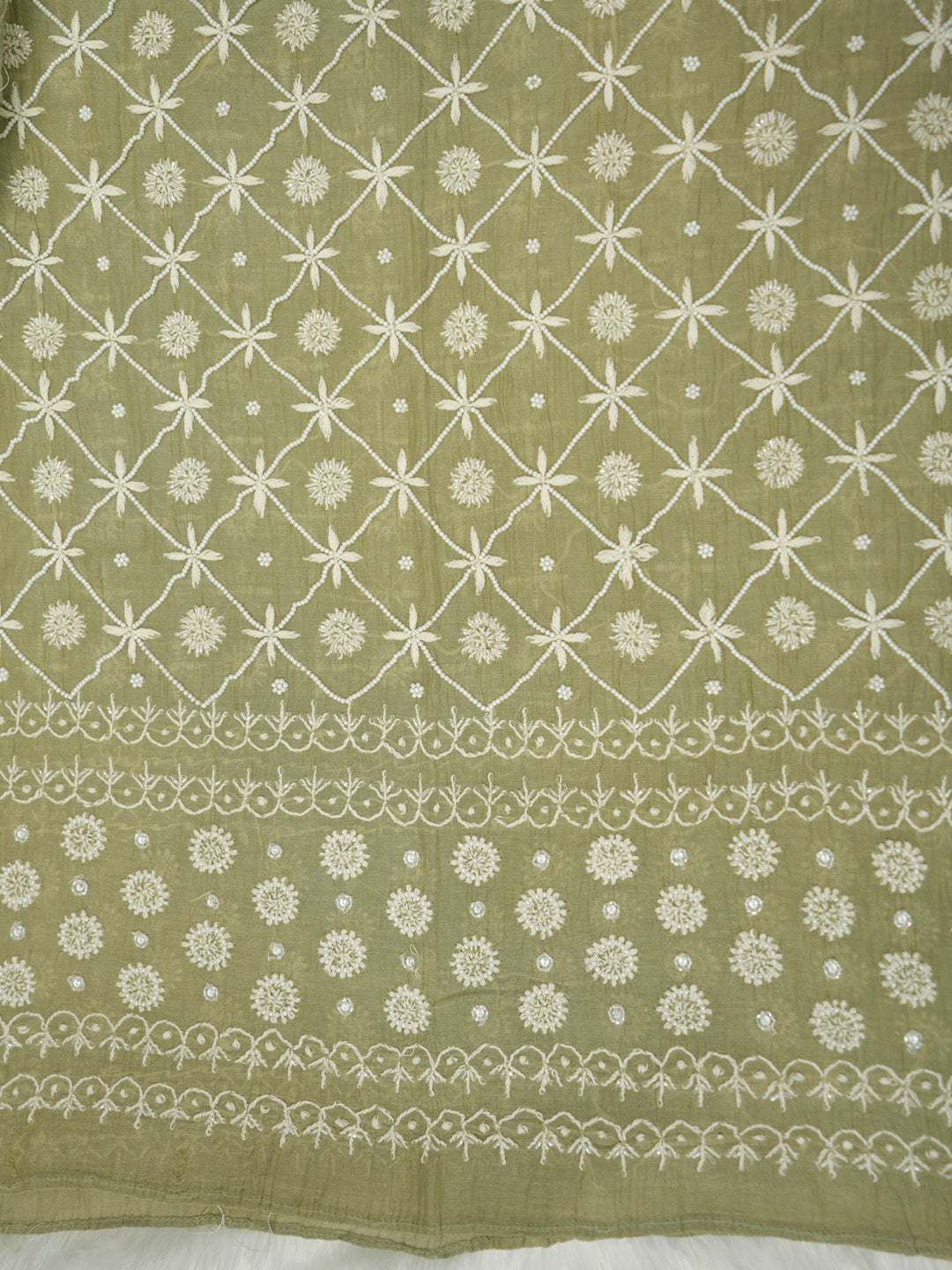 Women Hand Embroidered Premium Chikankari Mul Chanderi Unstitched Kurta Dupatta Bottom Set-ALSCA85201FS Green