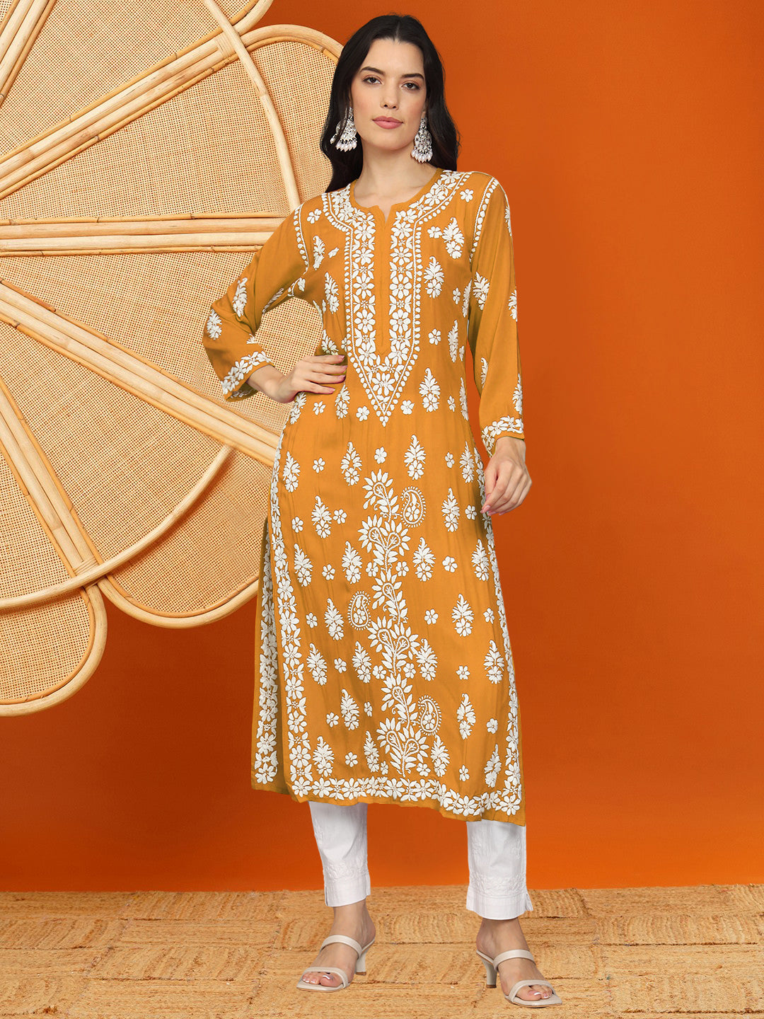 Women Chikankari Hand Embroidered Modal Kurta -AL4042 Mustard
