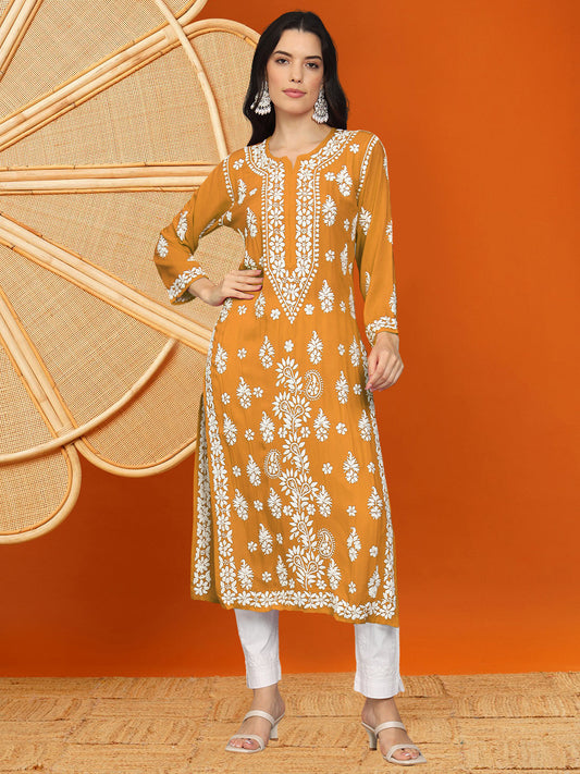 Women Chikankari Hand Embroidered Modal Kurta -AL4042 Mustard