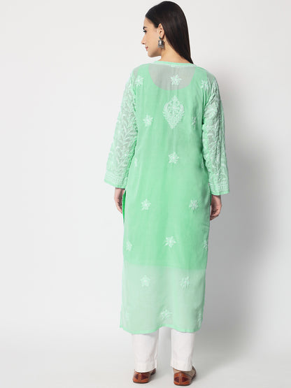 Women Hand Embroidered Chikankari Cotton Straight Kurta- AL3592 Green