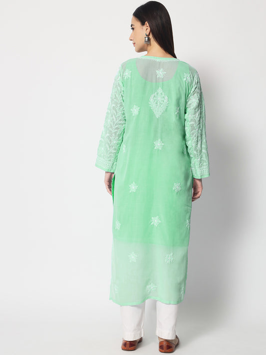 Women Hand Embroidered Chikankari Cotton Straight Kurta- AL3592 Darkseagreen